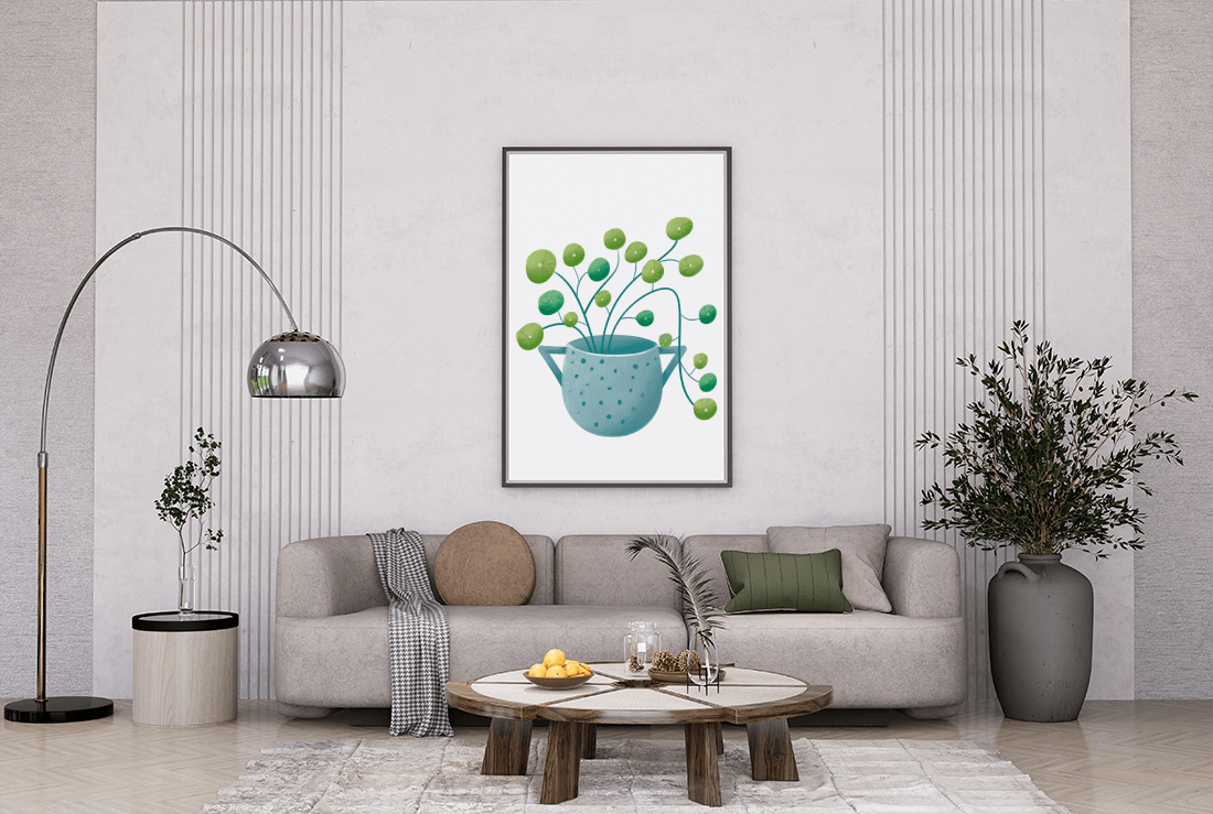 Ilustración minimalista de una planta pilea verde en una maceta de cerámica azul