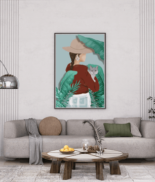 Modern botanical woman portrait – minimalistic female wall art with nature and cat - Mi tienda