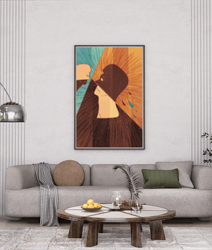 Surreal abstract illustration of two faces in a dramatic confrontation with expressive colors - Mi tienda