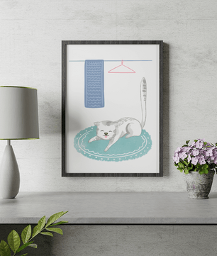 Cute stretching cat on a cozy rug in a soft pastel illustration - Mi tienda