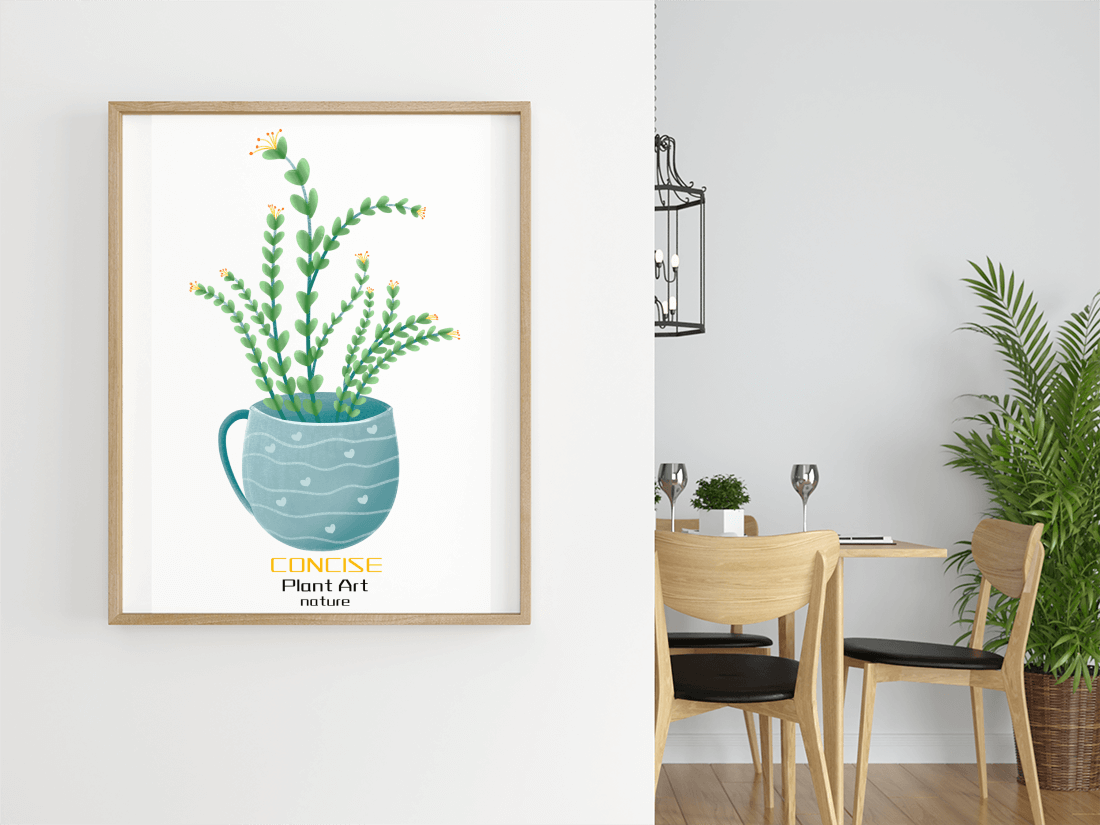 Ilustración de una planta verde en una taza decorativa azul