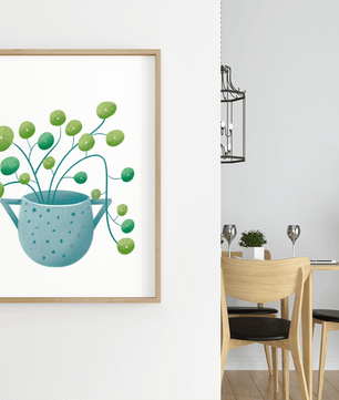 Ilustración minimalista de una planta pilea verde en una maceta de cerámica azul