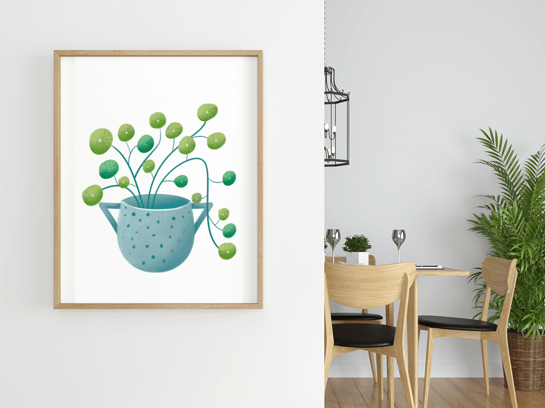 Ilustración minimalista de una planta pilea verde en una maceta de cerámica azul