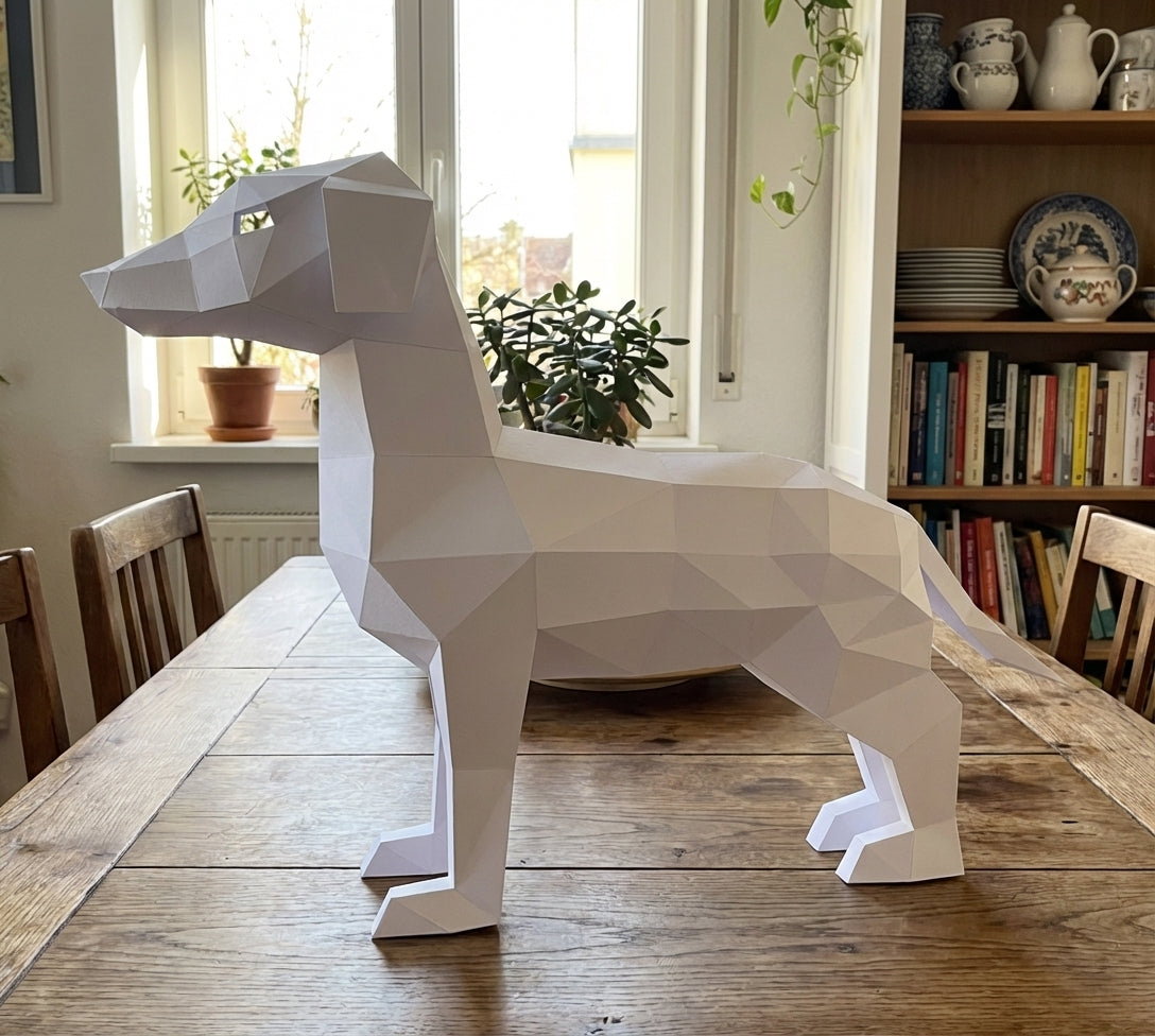 Cute ginger dog 3D papercraft polygonal paper figure for assembly, 50x37x18 cm, 65 parts – DIY craft, sculptural cardboard dog, geometric decor for entryway