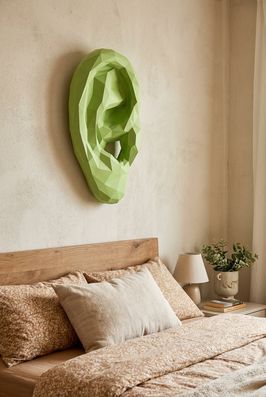 Figura de oreja de papel poligonal 3D para ensamblar 19 x 35 x 14 – kit de manualidades de papercraft decorativo, escultura geométrica moderna para pared sobre la cama