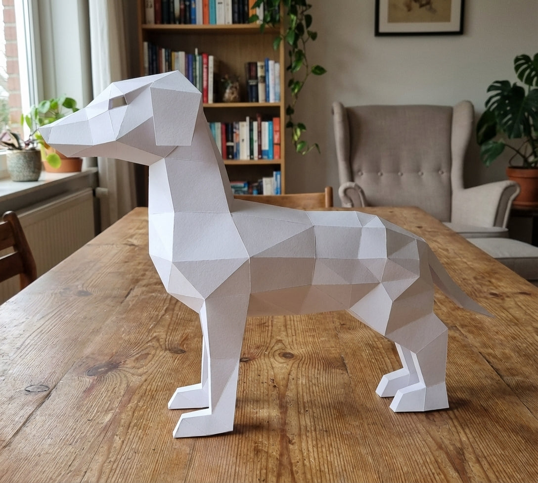 Cute ginger dog 3D papercraft polygonal paper figure for assembly, 50x37x18 cm, 65 parts – DIY craft, sculptural cardboard dog, geometric decor for entryway