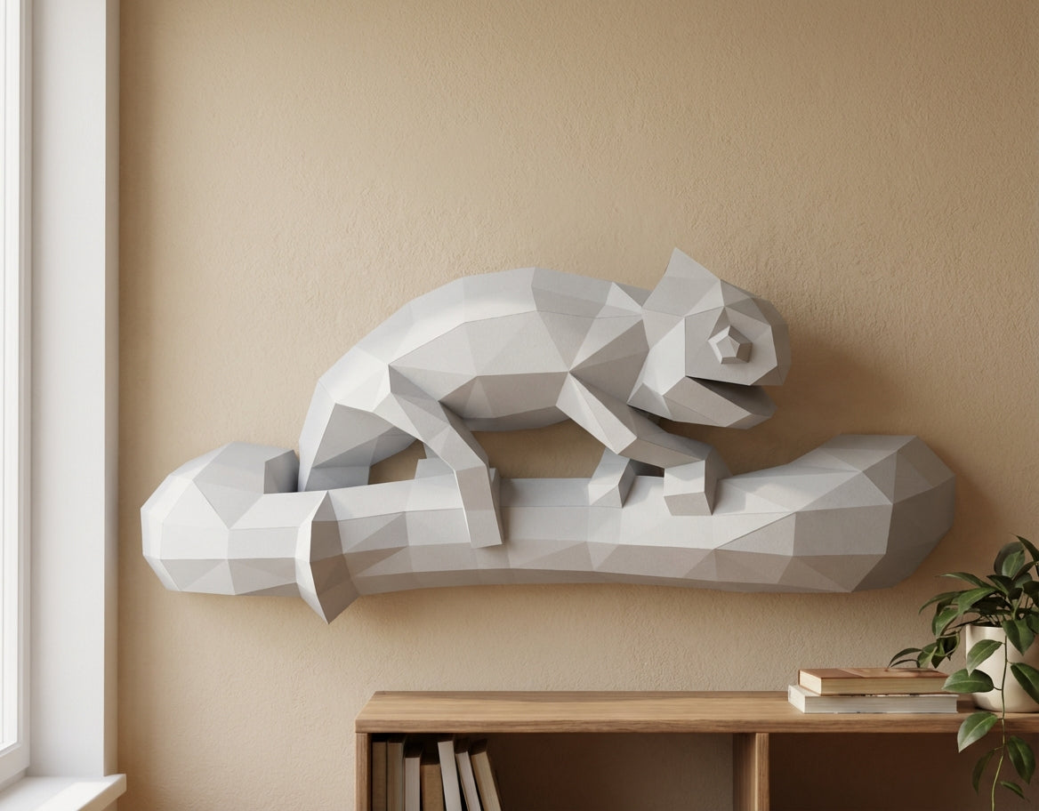 Geometric chameleon papercraft wall sculpture on branch, 3d polygonal lizard, 41x12x19 cm, creative diy kit for unique modern home or office decor - Mi tienda