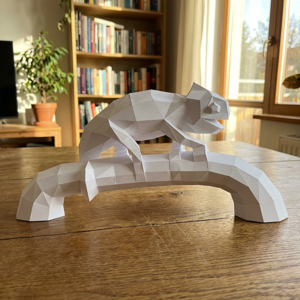 Geometric chameleon papercraft on stick, 3D DIY sculpture kit, 44x9x21 cm, modern animal decor for desk or workspace - Mi tienda