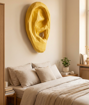 Figura de oreja de papel poligonal 3D para ensamblar 19 x 35 x 14 – kit de manualidades de papercraft decorativo, escultura geométrica moderna para pared sobre la cama