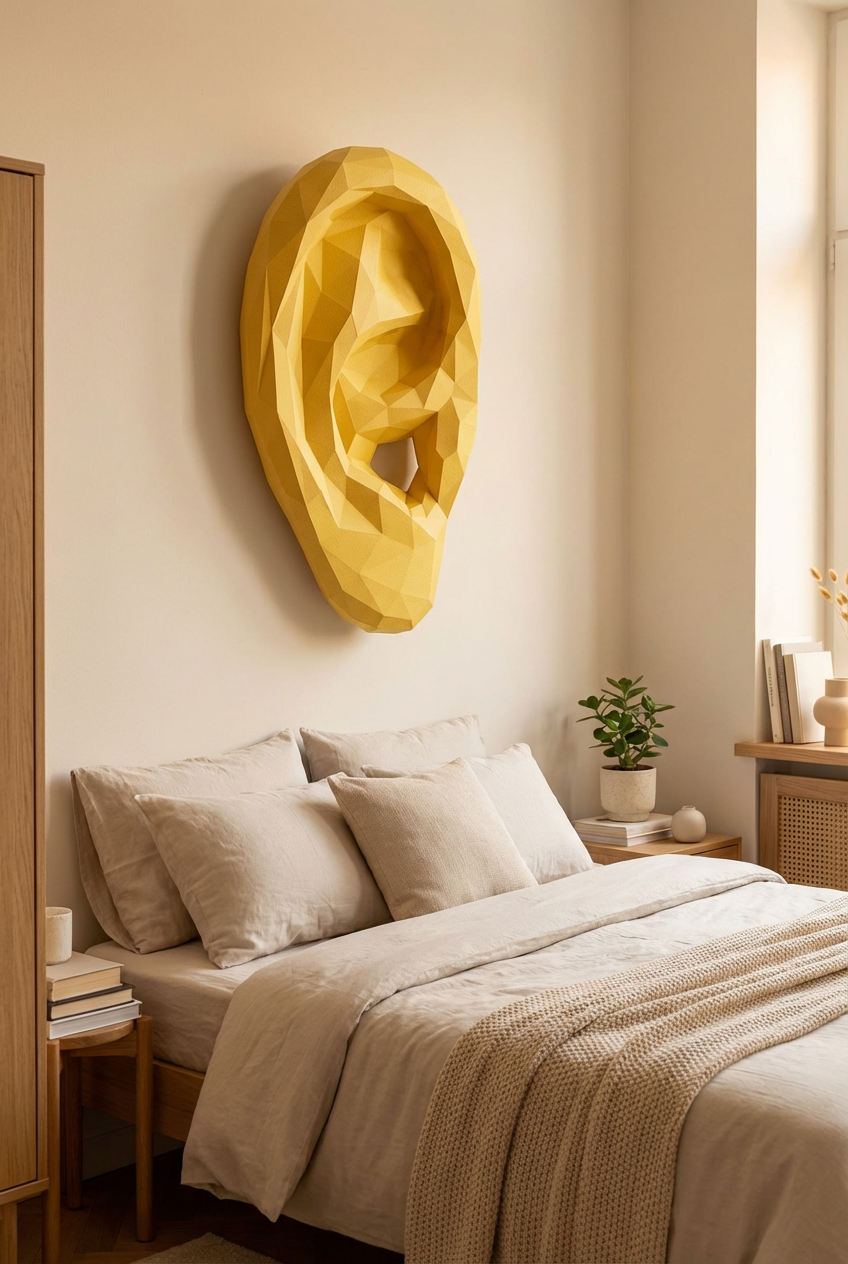 Figura de oreja de papel poligonal 3D para ensamblar 19 x 35 x 14 – kit de manualidades de papercraft decorativo, escultura geométrica moderna para pared sobre la cama
