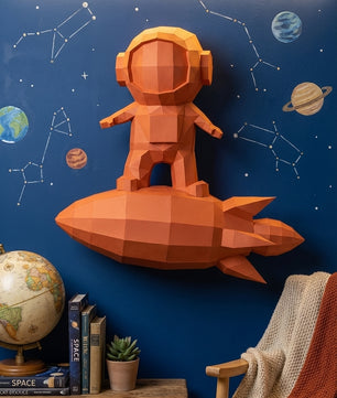3D small astronaut on rocket papercraft polygonal paper figure 42x32x11 – DIY craft, modern geometric sculpture for wall décor