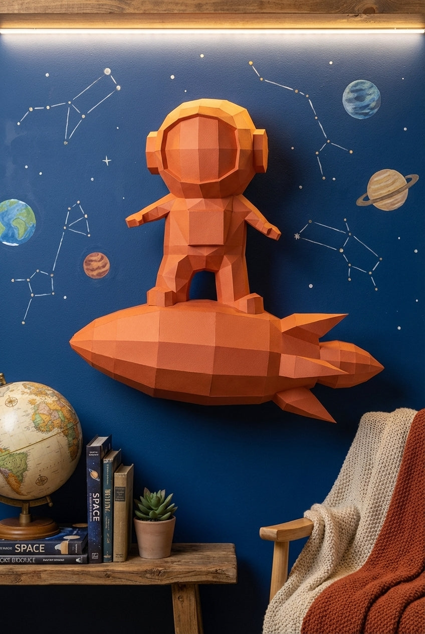 3D small astronaut on rocket papercraft polygonal paper figure 42x32x11 – DIY craft, modern geometric sculpture for wall décor
