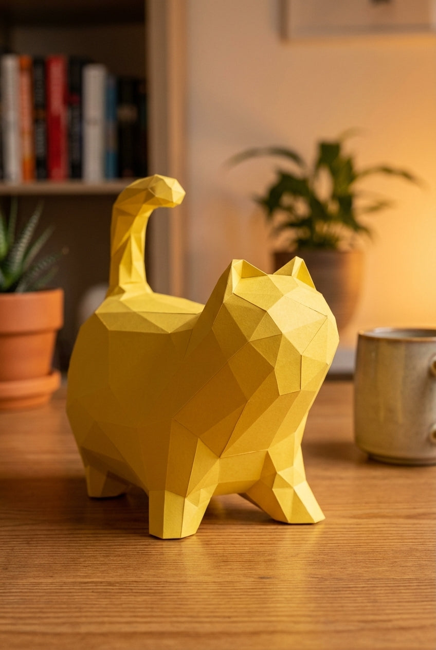 Cat polygonal paper figure for assembly 30 x 33 x 16 – papercraft DIY craft, sculptural cardboard cat for modern home decoration - Mi tienda