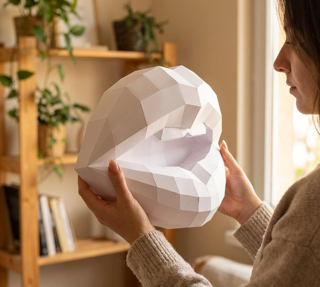 3D lips with teeth papercraft, polygonal paper figure for assembly, 35x26x20 cm, 49 parts – DIY geometric sculpture, unique wall art for creative workspace