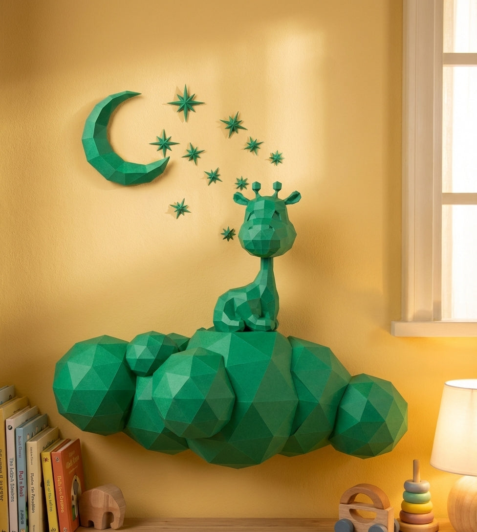Cute wall giraffe 3D papercraft polygonal paper figure for assembly 50x45x16, 272 parts – DIY craft, sculptural cardboard giraffe for kids room wall decor