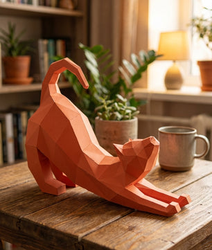 Figura Poligonal 3D de Gato en Papel para Montar 40x32x12 – Kit Decorativo PaperCraft DIY, Escultura Geométrica Moderna para Mesa o Estantería