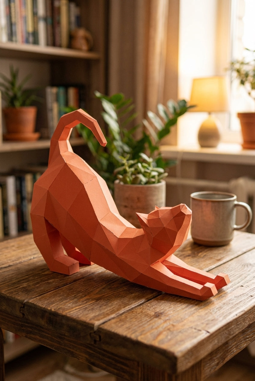 Figura Poligonal 3D de Gato en Papel para Montar 40x32x12 – Kit Decorativo PaperCraft DIY, Escultura Geométrica Moderna para Mesa o Estantería
