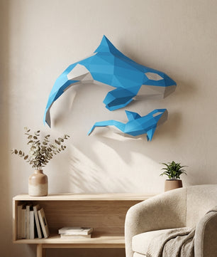 Figura de orcas de papel poligonal 3D para ensamblar 60 x 50 x 20 – kit de manualidades de papercraft decorativo, escultura geométrica moderna para pared sobre la cama
