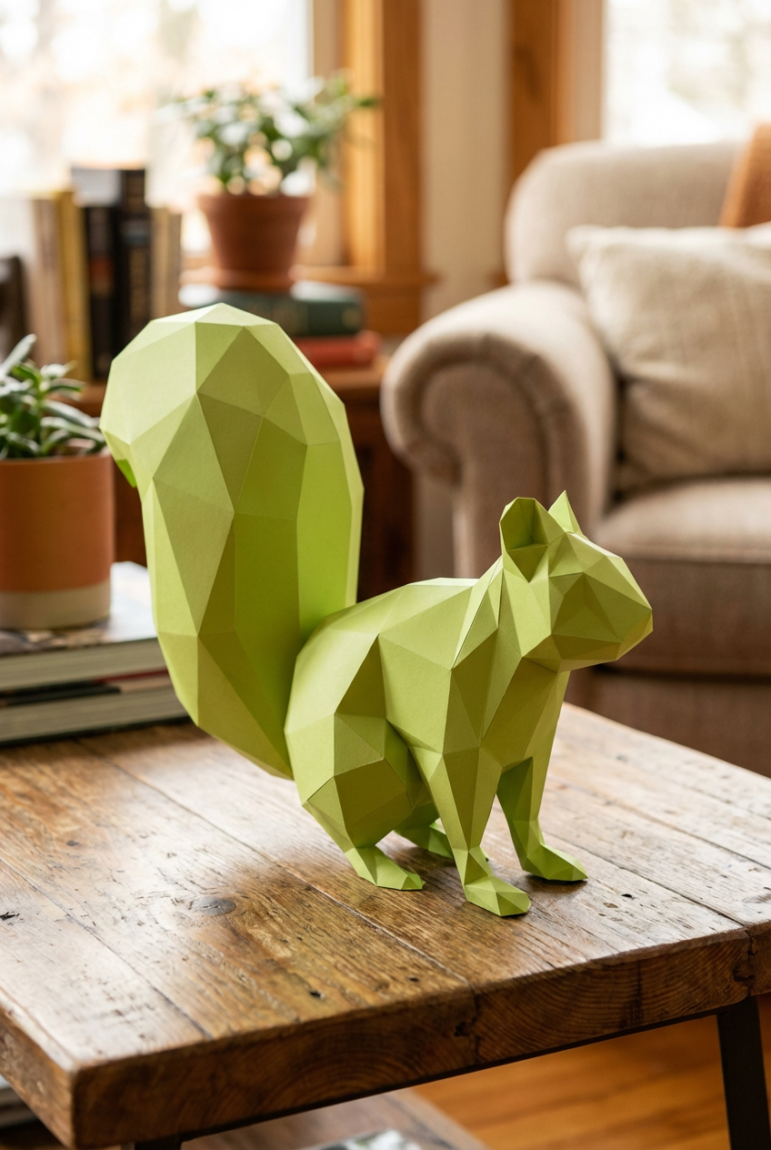 Ardilla Poligonal 3D de Papel para Montar 27x32x10– Kit Decorativo PaperCraft DIY, Escultura Moderna de Cartón, Decoración Geométrica para el Hogar