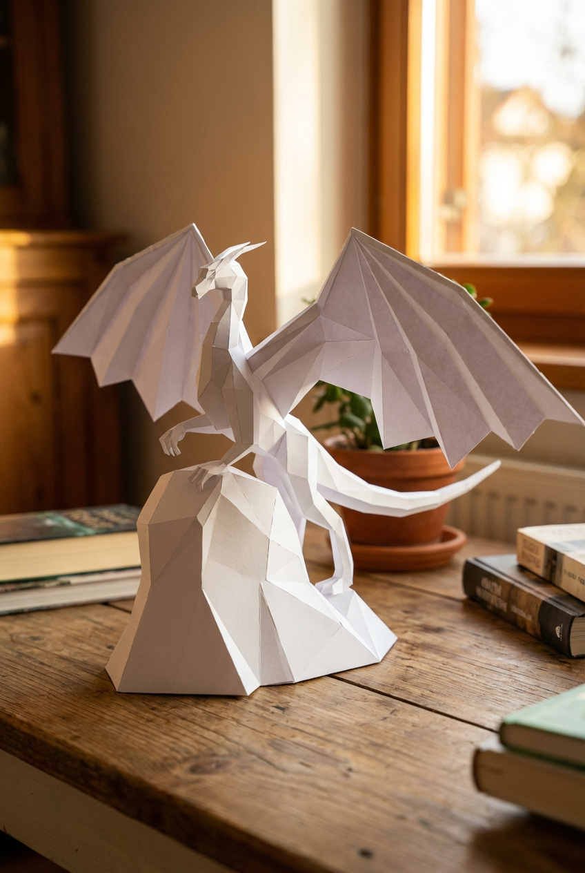 3D polygonal paper dragon figure to assemble on a rock 43x60x36 – DIY papercraft decorative kit, modern geometric sculpture for table or shelf - Mi tienda