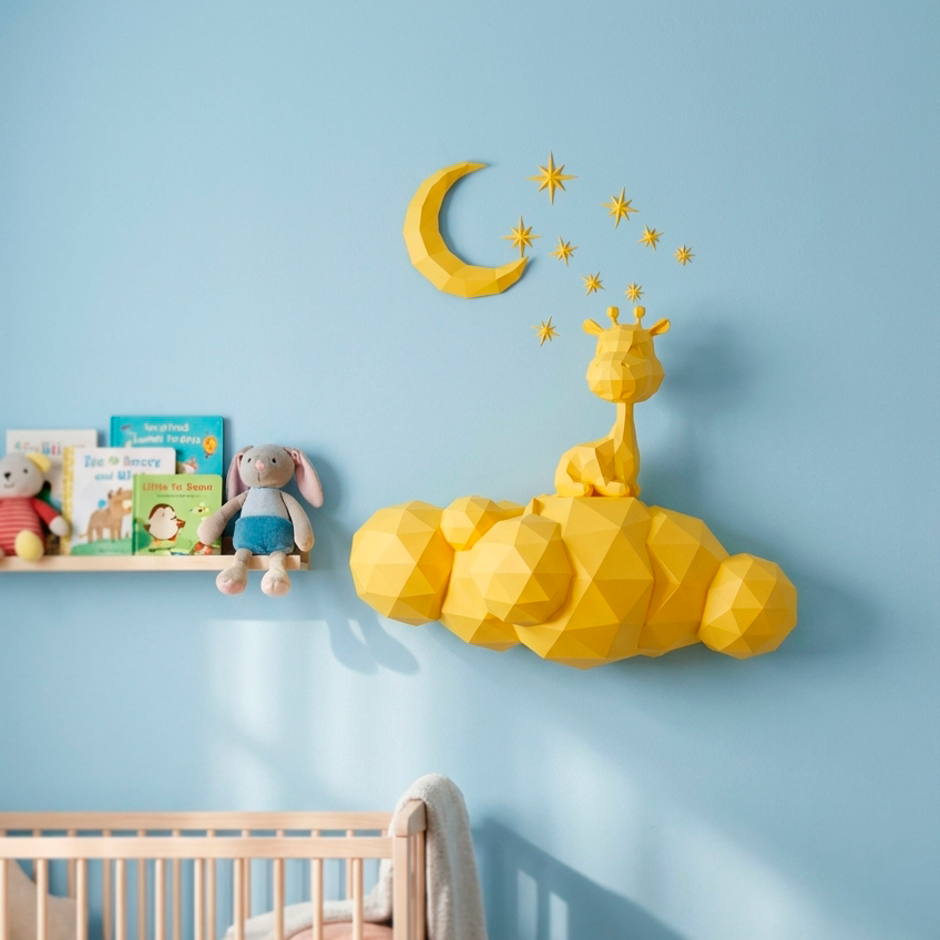 Cute wall giraffe 3D papercraft polygonal paper figure for assembly 50x45x16, 272 parts – DIY craft, sculptural cardboard giraffe for kids room wall decor