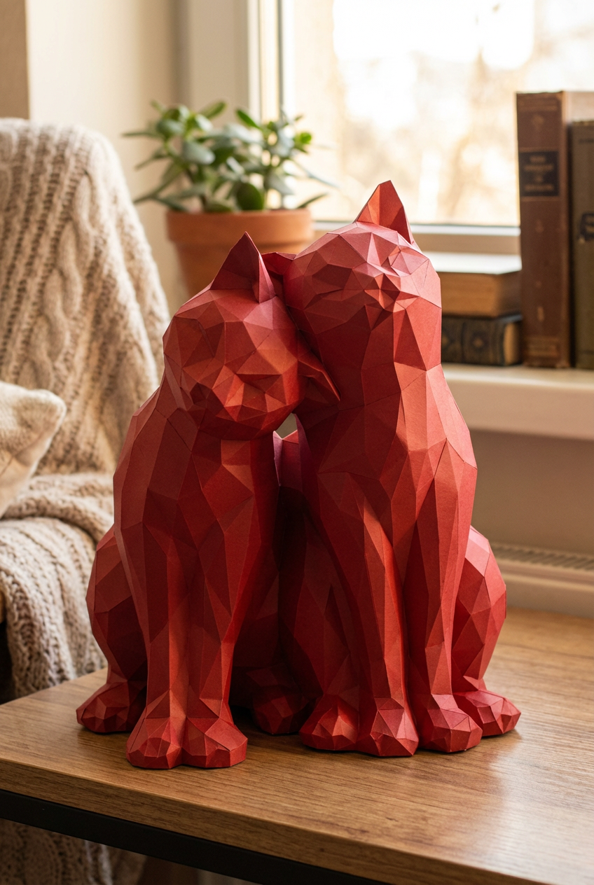 Figura constructor gatos poligonales de papel, manualidad 3D para montar 35x29x26 — PaperCraft DIY, figura de cartón para decoración del hogar