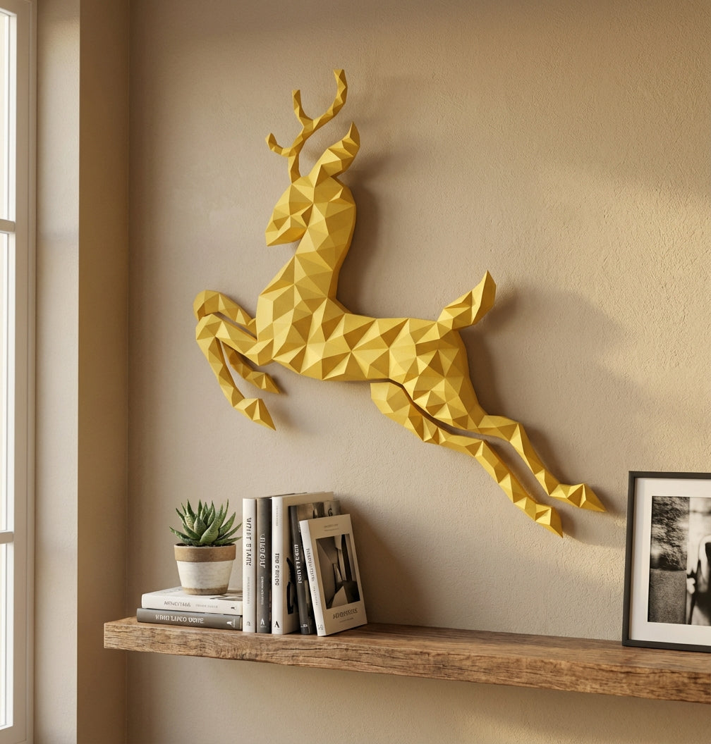 Modern flat deer wall papercraft, 56x57x2 cm geometric 3D polygonal silhouette, DIY creative kit for striking living room or hallway wall art, bold red home decor - Mi tienda