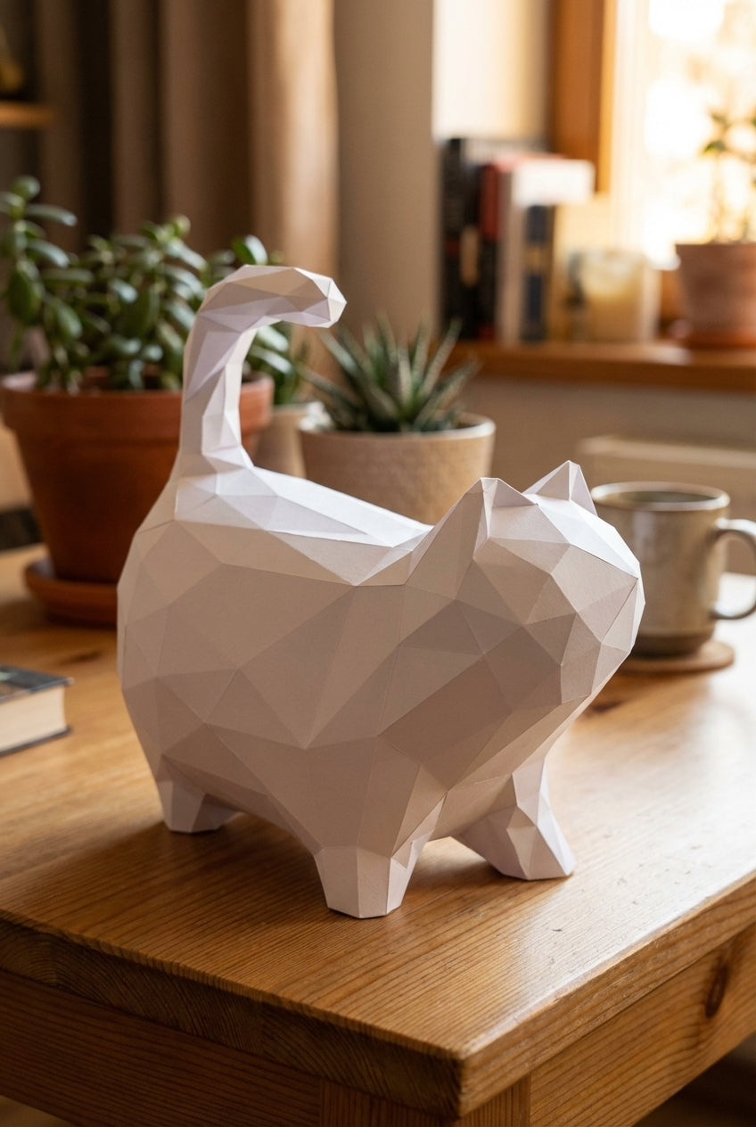 Cat polygonal paper figure for assembly 30 x 33 x 16 – papercraft DIY craft, sculptural cardboard cat for modern home decoration - Mi tienda