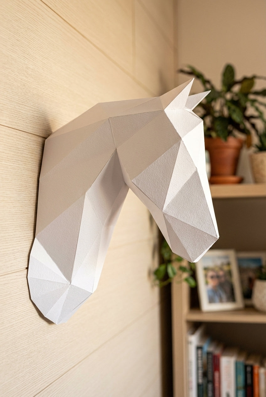 Horse head polygonal paper figure for assembly 25 x 35 x 19 – papercraft DIY craft, modern cardboard wall decoration, geometric style - Mi tienda