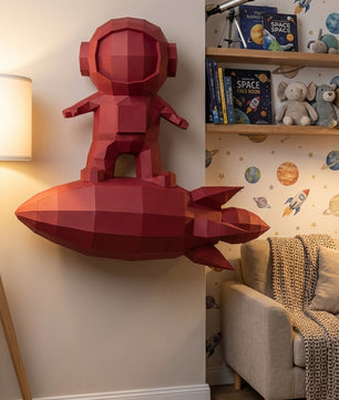3D small astronaut on rocket papercraft polygonal paper figure 42x32x11 – DIY craft, modern geometric sculpture for wall décor
