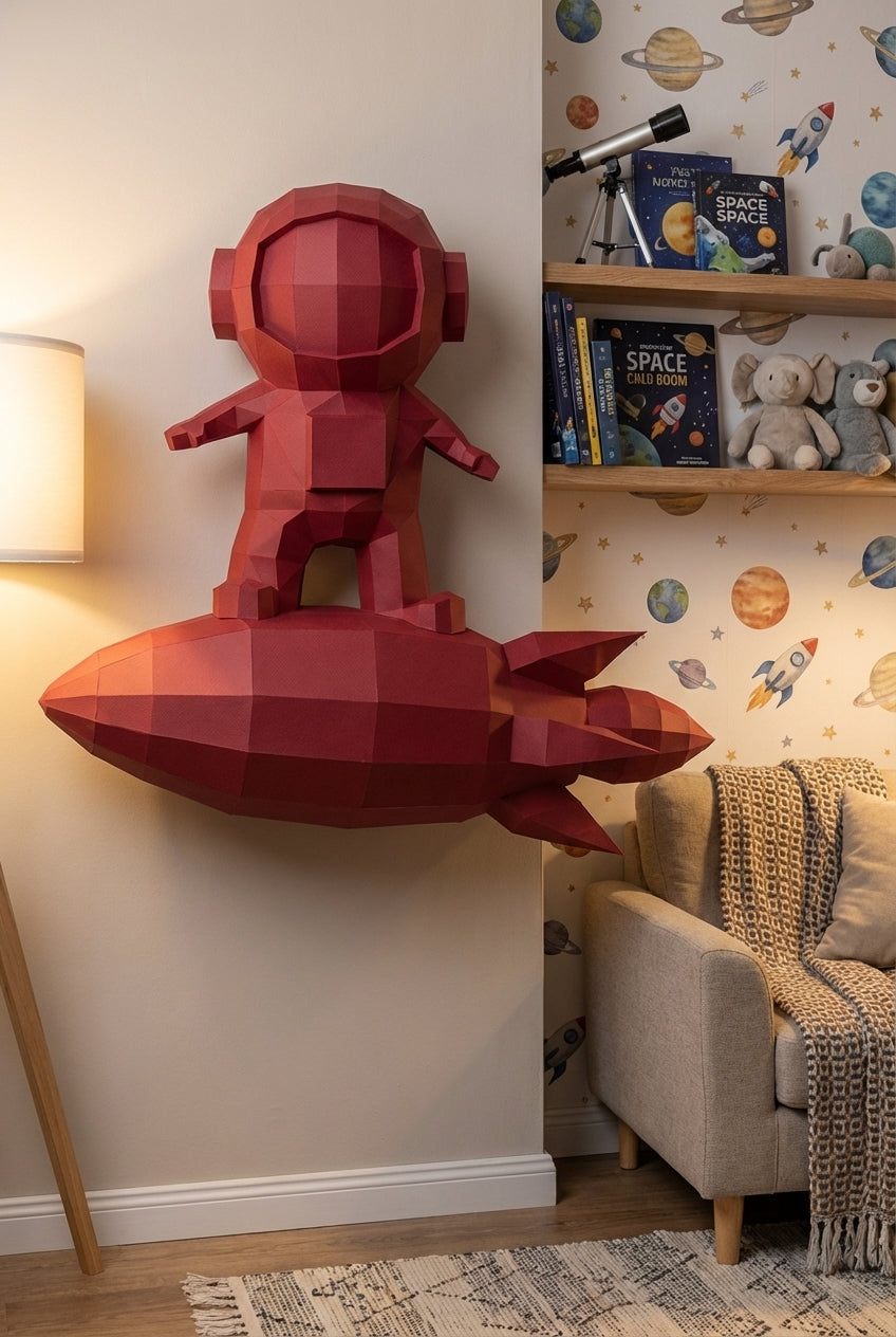 3D small astronaut on rocket papercraft polygonal paper figure 42x32x11 – DIY craft, modern geometric sculpture for wall décor