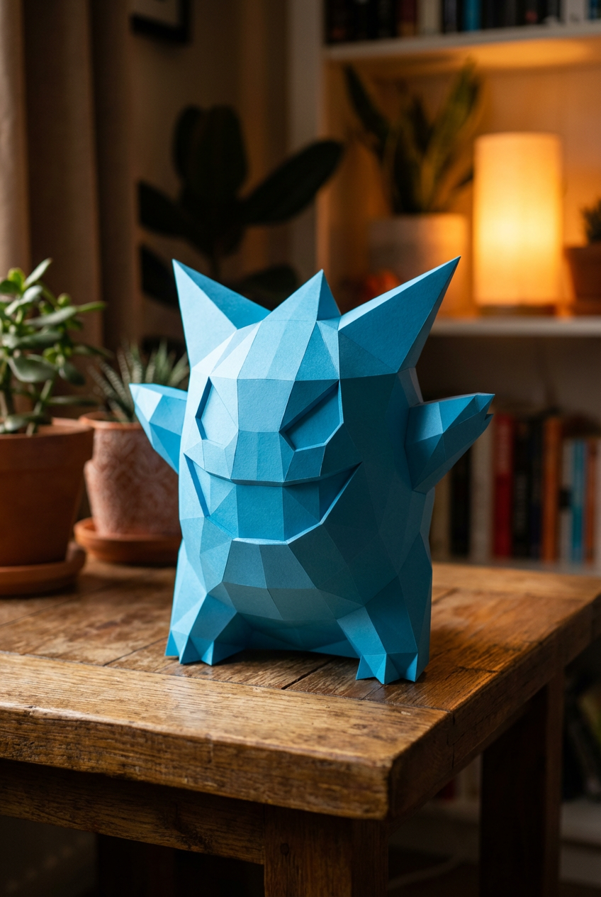 3D polygonal paper Gengar figure for assembly 27 x 33 x 32 – decorative papercraft DIY kit, modern geometric sculpture - Mi tienda