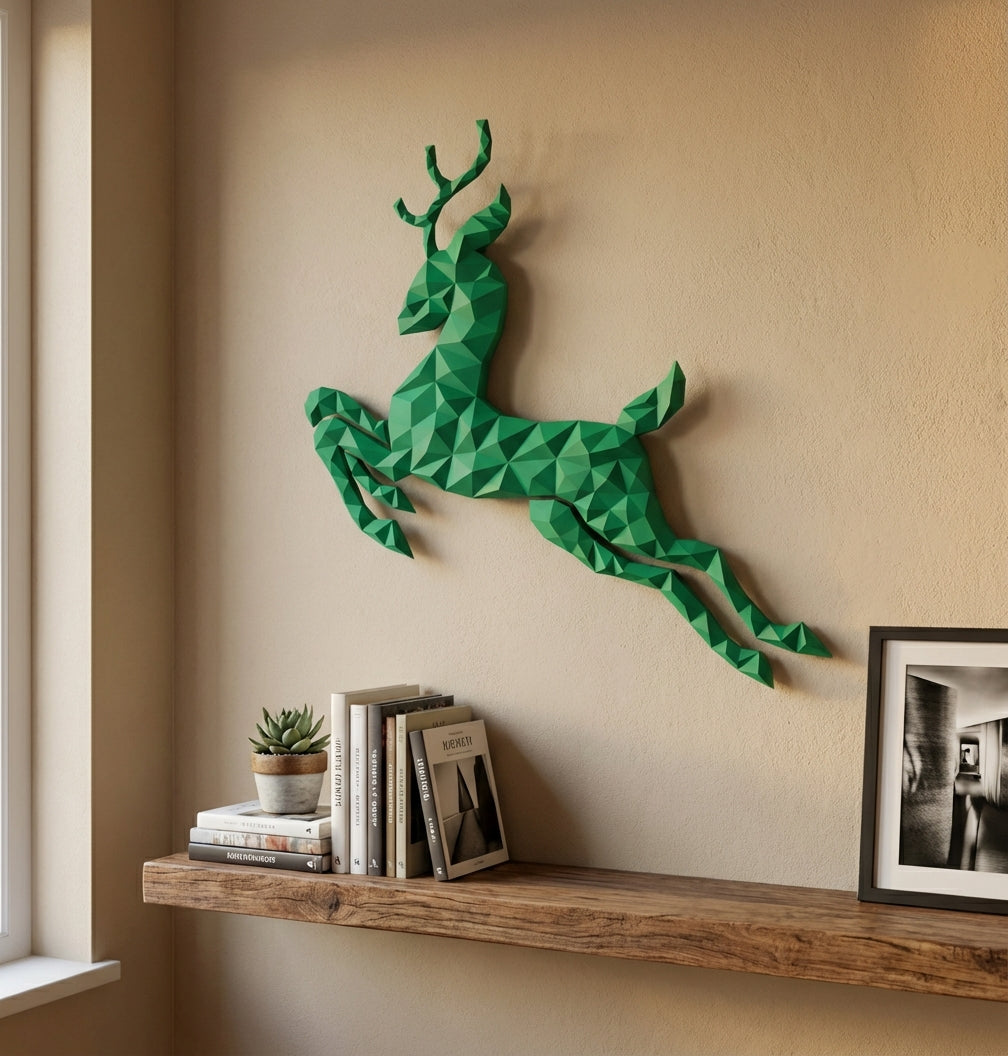 Modern flat deer wall papercraft, 56x57x2 cm geometric 3D polygonal silhouette, DIY creative kit for striking living room or hallway wall art, bold red home decor - Mi tienda