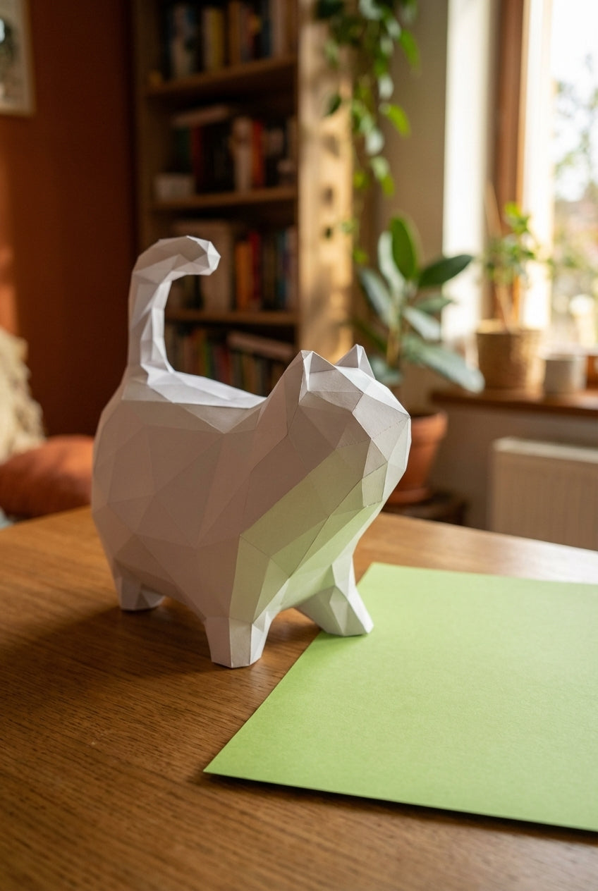 Cat polygonal paper figure for assembly 30 x 33 x 16 – papercraft DIY craft, sculptural cardboard cat for modern home decoration - Mi tienda