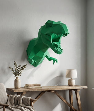 3D Papercraft Green T-Rex Wall Trophy 50cm DIY Low Poly Dinosaur Head Model – Geometric Paper Sculpture Wall Decor for Living Room - Mi tienda