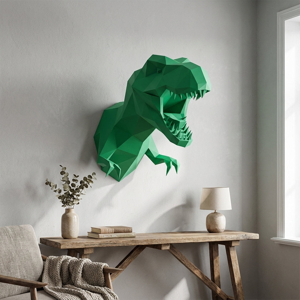 3D Papercraft Green T-Rex Wall Trophy 50cm DIY Low Poly Dinosaur Head Model – Geometric Paper Sculpture Wall Decor for Living Room - Mi tienda