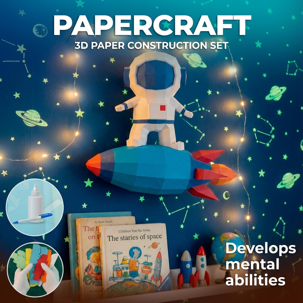 3D small astronaut on rocket papercraft polygonal paper figure 42x32x11 – DIY craft, modern geometric sculpture for wall décor