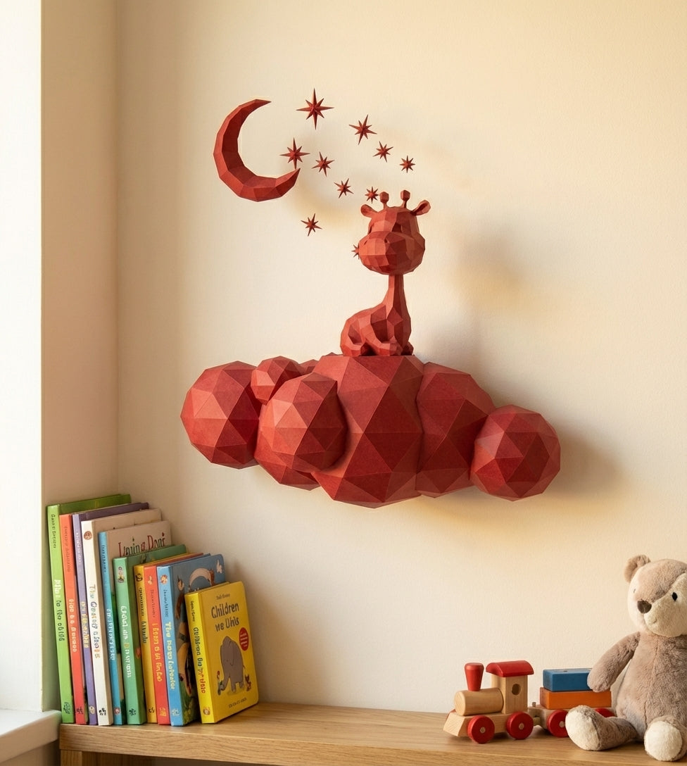 Cute wall giraffe 3D papercraft polygonal paper figure for assembly 50x45x16, 272 parts – DIY craft, sculptural cardboard giraffe for kids room wall decor