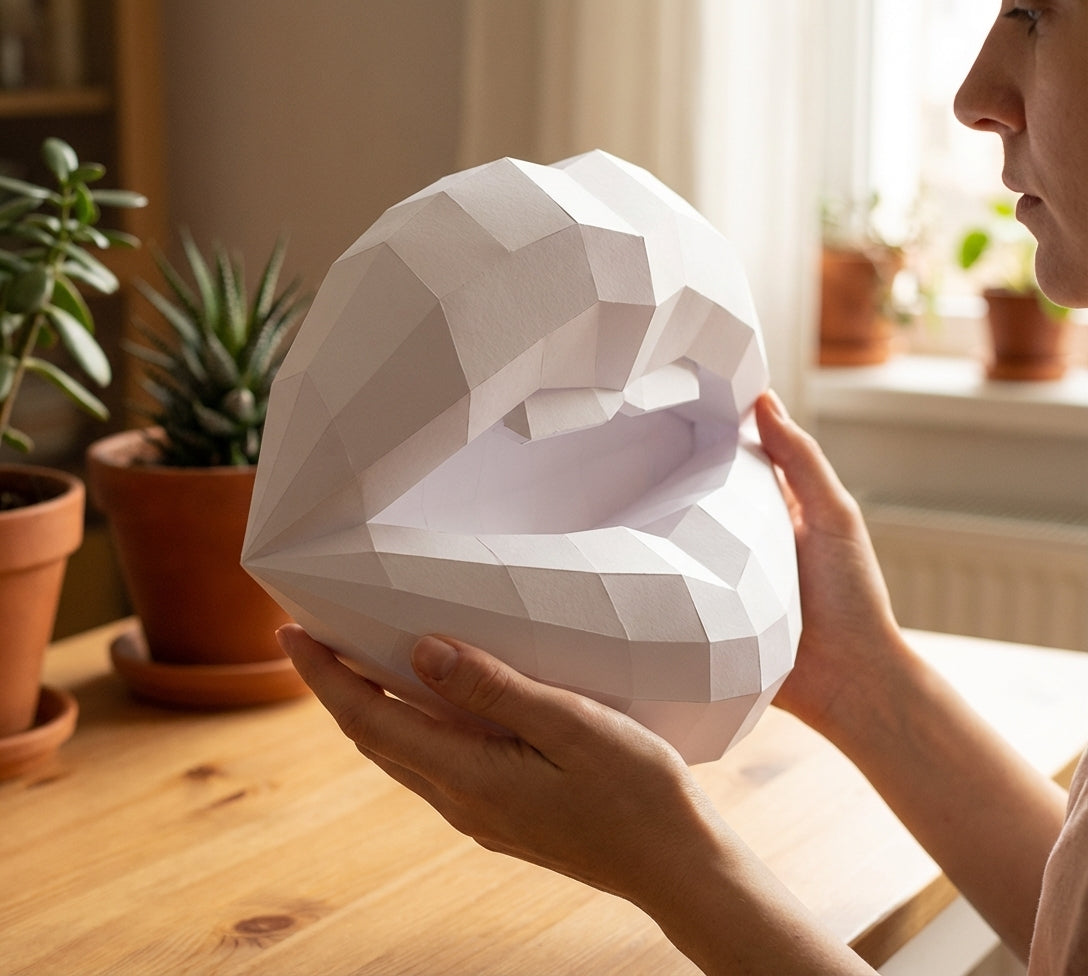 3D lips with teeth papercraft, polygonal paper figure for assembly, 35x26x20 cm, 49 parts – DIY geometric sculpture, unique wall art for creative workspace
