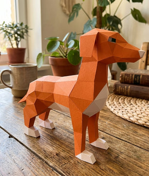 Cute ginger dog 3D papercraft polygonal paper figure for assembly, 50x37x18 cm, 65 parts – DIY craft, sculptural cardboard dog, geometric decor for entryway