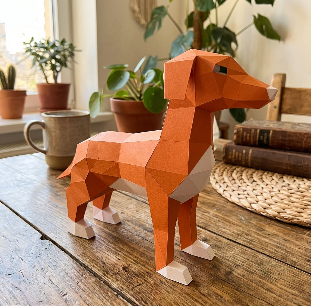 Cute ginger dog 3D papercraft polygonal paper figure for assembly, 50x37x18 cm, 65 parts – DIY craft, sculptural cardboard dog, geometric decor for entryway