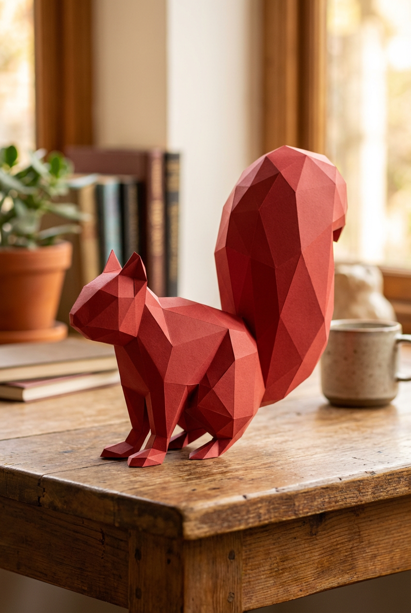 Ardilla Poligonal 3D de Papel para Montar 27x32x10– Kit Decorativo PaperCraft DIY, Escultura Moderna de Cartón, Decoración Geométrica para el Hogar