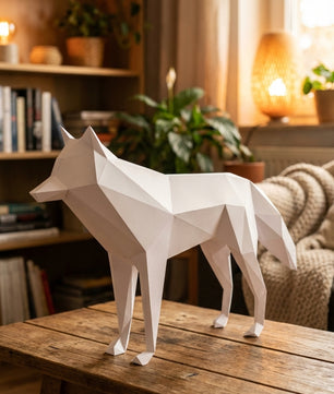 3D polygonal paper wolf figure for assembly 58x30x12 – decorative papercraft DIY kit, modern geometric sculpture for table or shelf - Mi tienda