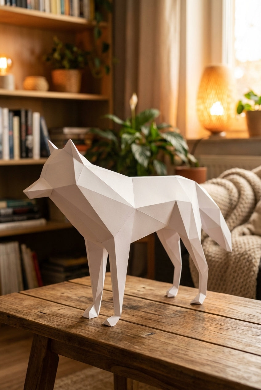 3D polygonal paper wolf figure for assembly 58x30x12 – decorative papercraft DIY kit, modern geometric sculpture for table or shelf - Mi tienda