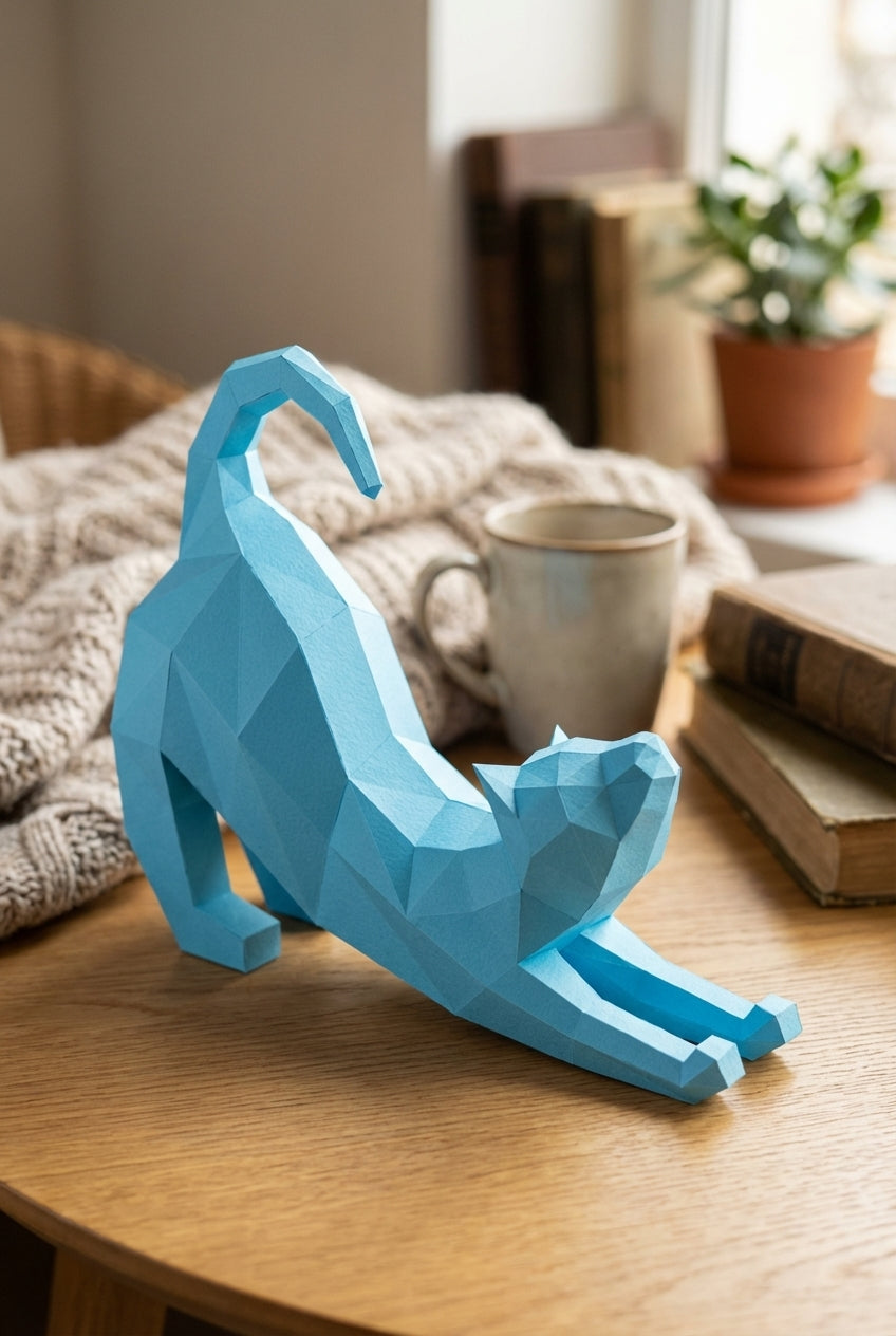 Figura Poligonal 3D de Gato en Papel para Montar 40x32x12 – Kit Decorativo PaperCraft DIY, Escultura Geométrica Moderna para Mesa o Estantería