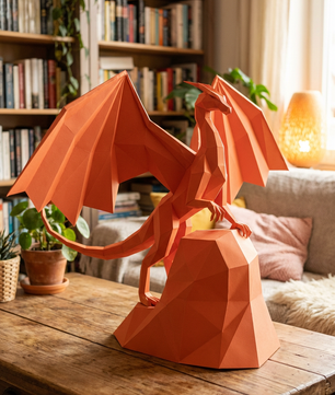 3D polygonal paper dragon figure to assemble on a rock 43x60x36 – DIY papercraft decorative kit, modern geometric sculpture for table or shelf - Mi tienda