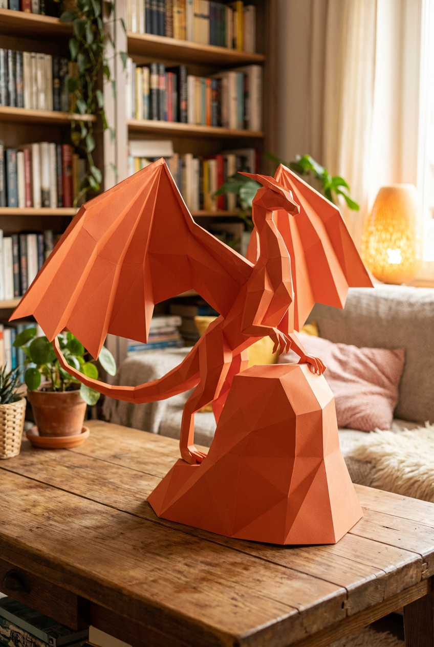 3D polygonal paper dragon figure to assemble on a rock 43x60x36 – DIY papercraft decorative kit, modern geometric sculpture for table or shelf - Mi tienda