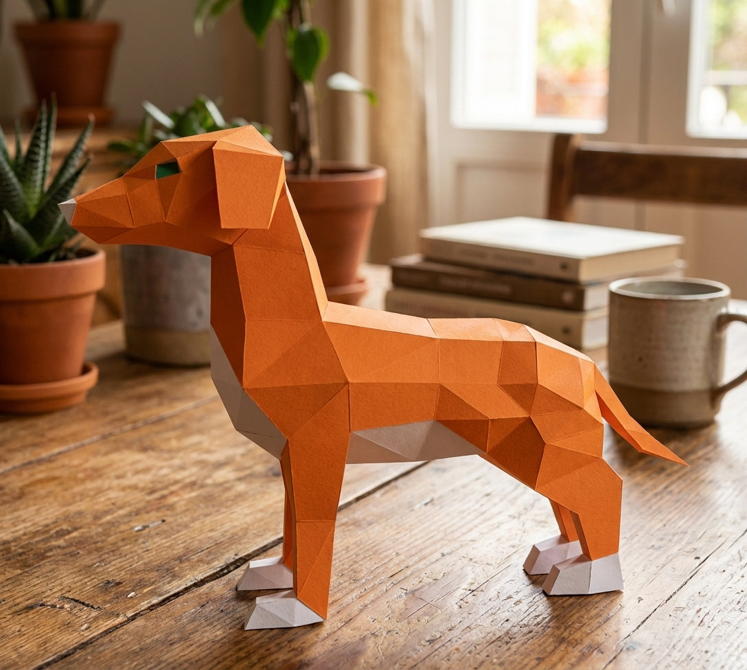 Cute ginger dog 3D papercraft polygonal paper figure for assembly, 50x37x18 cm, 65 parts – DIY craft, sculptural cardboard dog, geometric decor for entryway