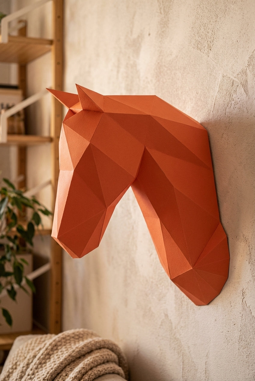 Horse head polygonal paper figure for assembly 25 x 35 x 19 – papercraft DIY craft, modern cardboard wall decoration, geometric style - Mi tienda