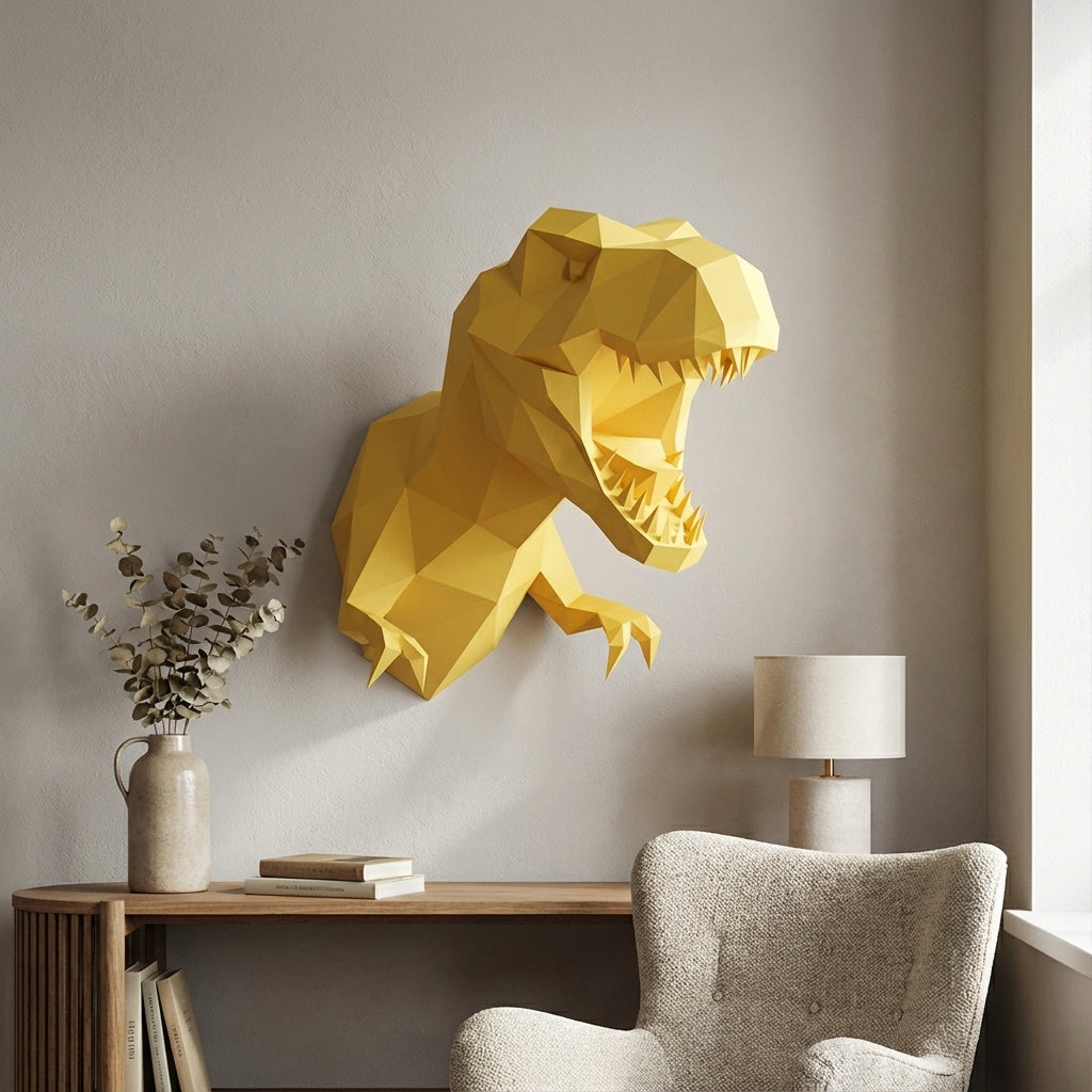 3D Papercraft Green T-Rex Wall Trophy 50cm DIY Low Poly Dinosaur Head Model – Geometric Paper Sculpture Wall Decor for Living Room - Mi tienda